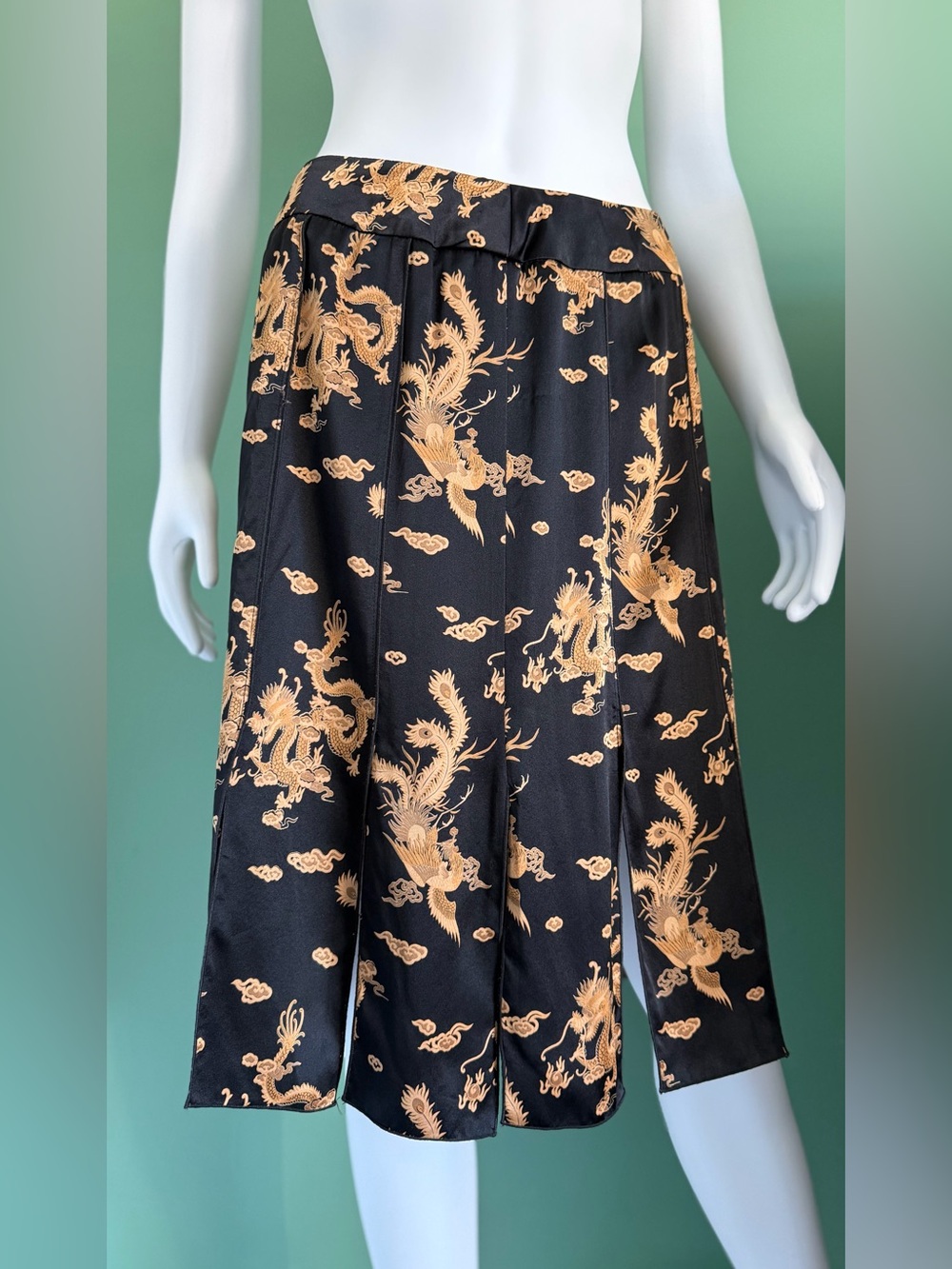 Vintage Mark Shale Drama Black Silk Midi Skirt In Gold Dragon Print